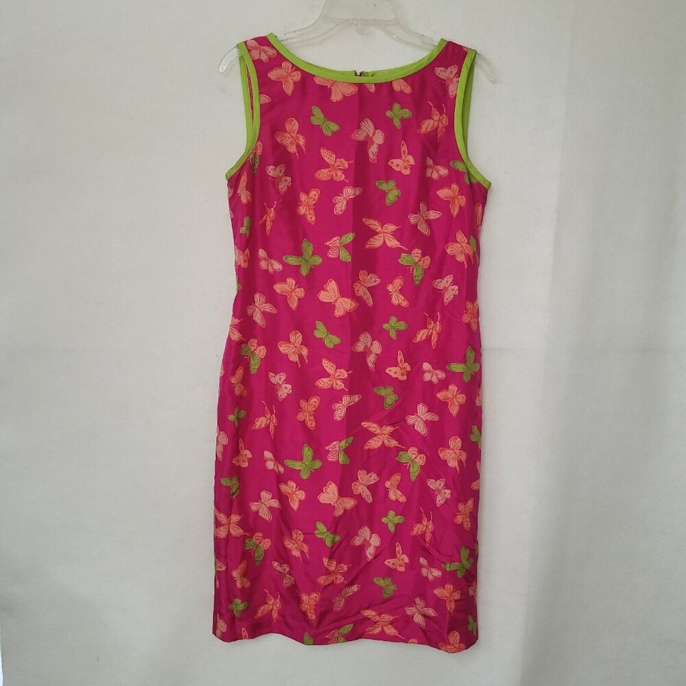 M Boutique Dress Women 8 Pink Green Butterfly Print Silk Sleeveless Lined Sheath